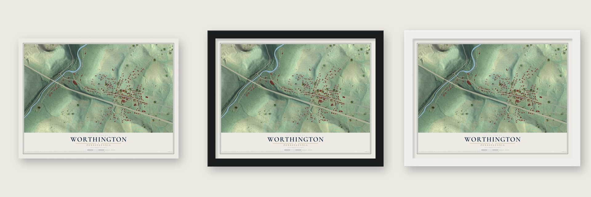 Worthington, Pennsylvania map unframed, in a black wood frame and in a white wood frame