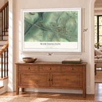 Worthington, Pennsylvania map, 24 x 36 inch print in a white frame above a dresser by a staircase