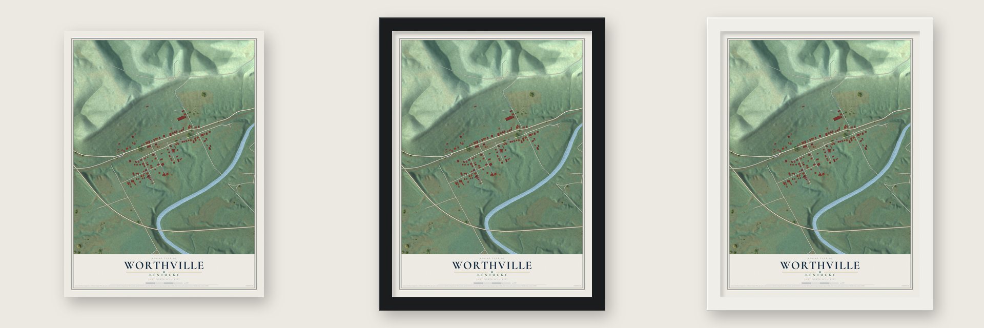 Worthville, Kentucky map unframed, in a black wood frame and in a white wood frame