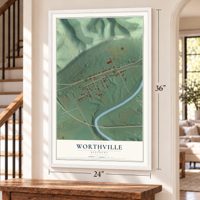 Worthville, Kentucky map, 24 x 36 inch print in a white frame by a staircase