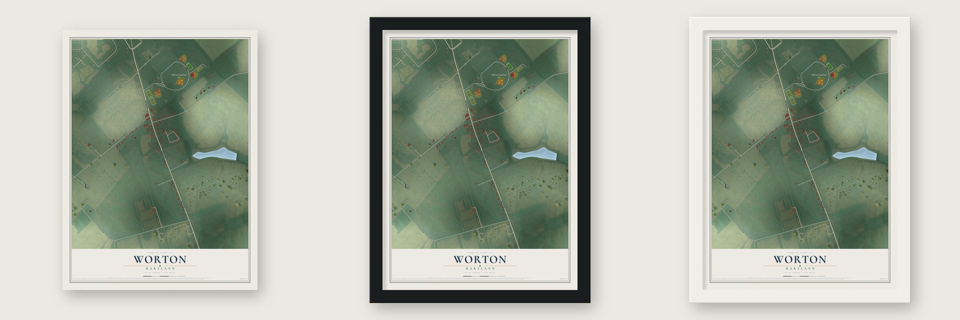 Worton, Maryland map unframed, in a black wood frame and in a white wood frame