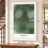 Worton, Maryland map, 24 x 36 inch print in a white frame by a staircase