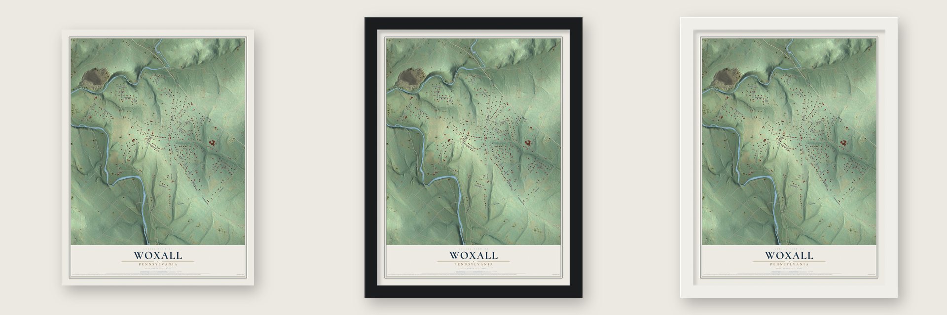 Woxall, Pennsylvania map unframed, in a black wood frame and in a white wood frame