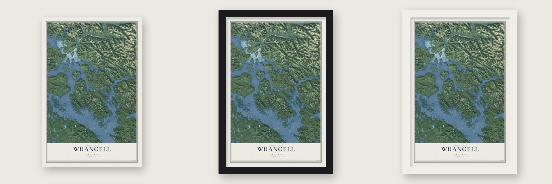 Wrangell, Alaska map unframed, in a black wood frame and in a white wood frame