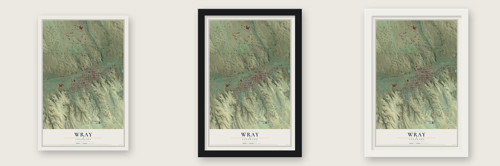 Wray, Colorado map unframed, in a black wood frame and in a white wood frame