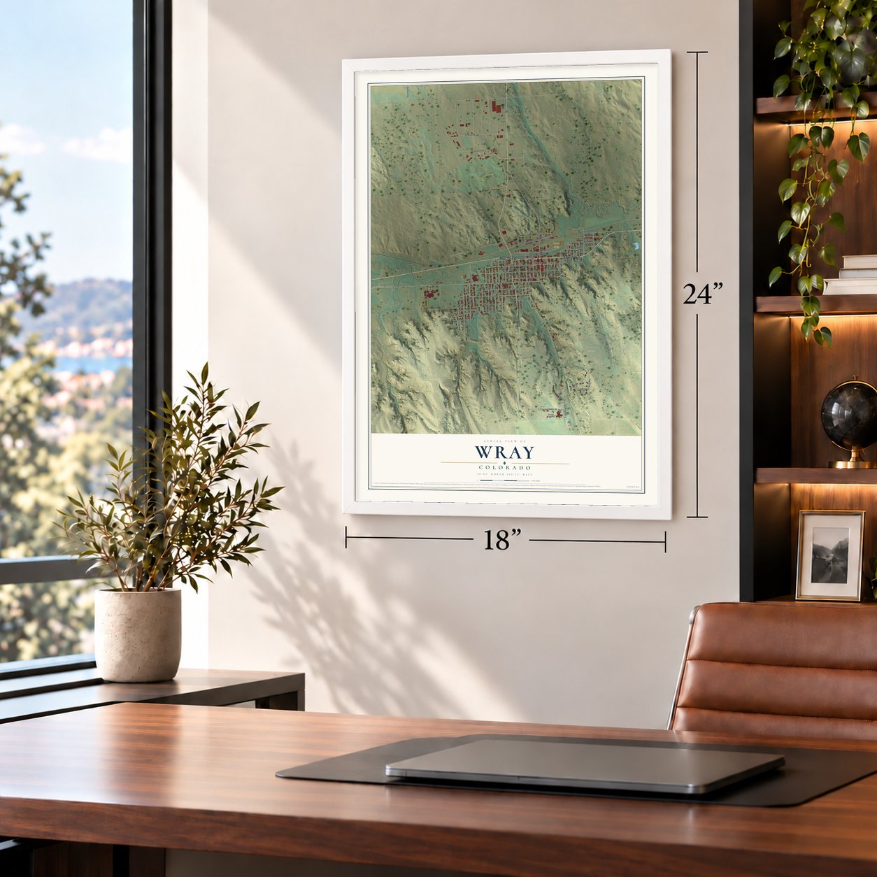 Wray, Colorado map, 18 x 24 inch print in a white frame in a home office