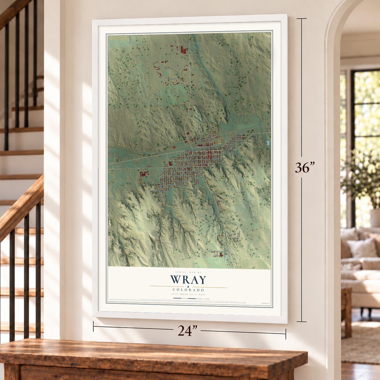 Wray, Colorado map, 24 x 36 inch print in a white frame by a staircase