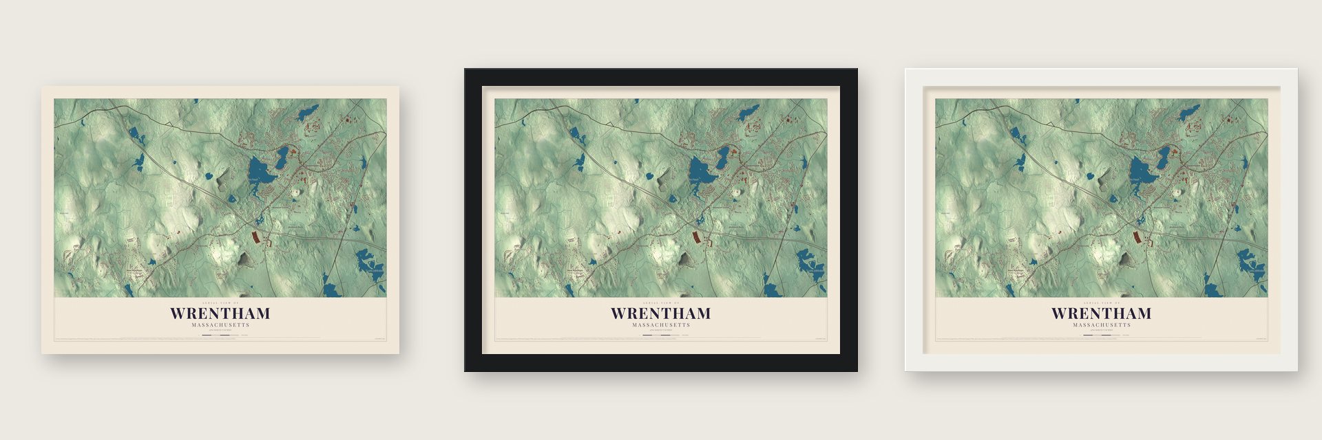 Wrentham, Massachusetts map unframed, in a black wood frame and in a white wood frame