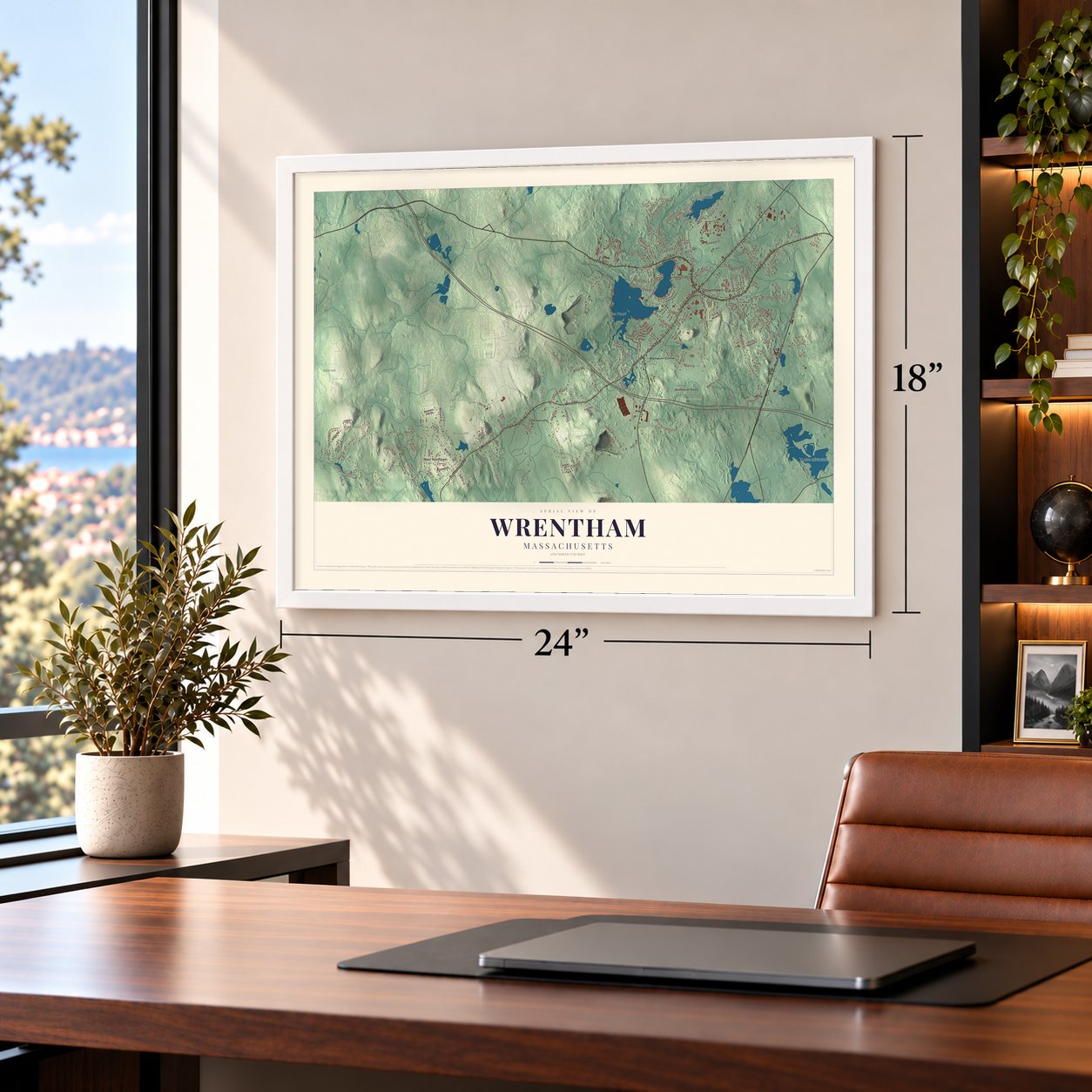 Wrentham, Massachusetts map, 18 x 24 inch print in a white frame in a home office