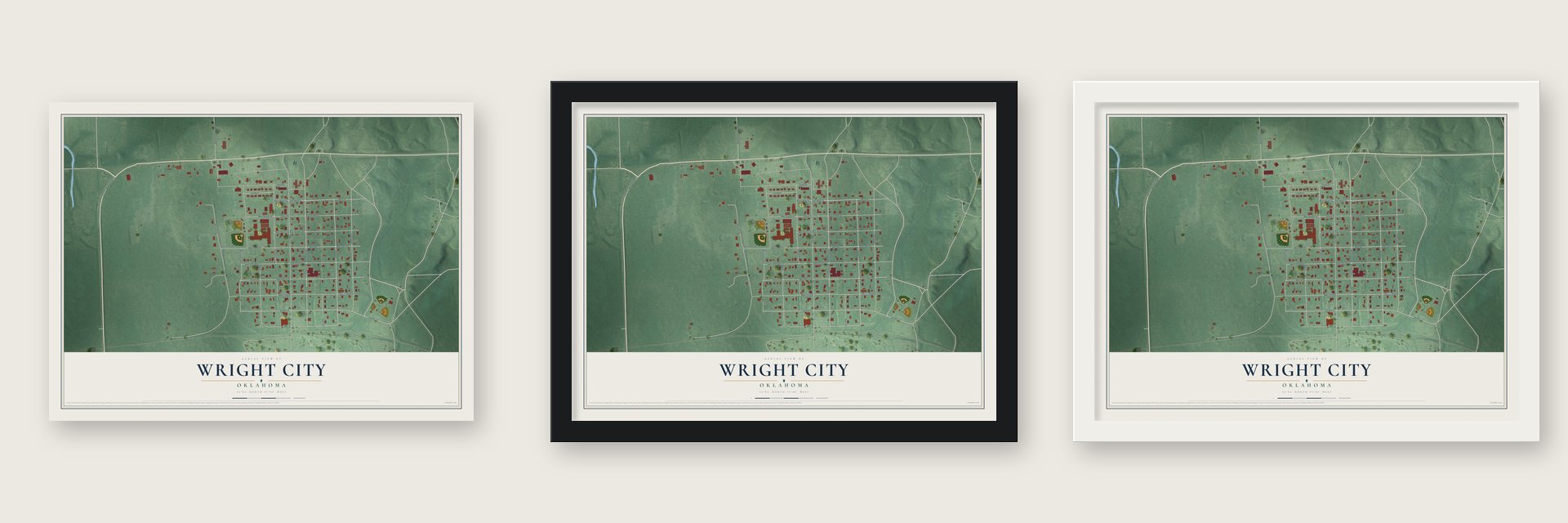 Wright City, Oklahoma map unframed, in a black wood frame and in a white wood frame