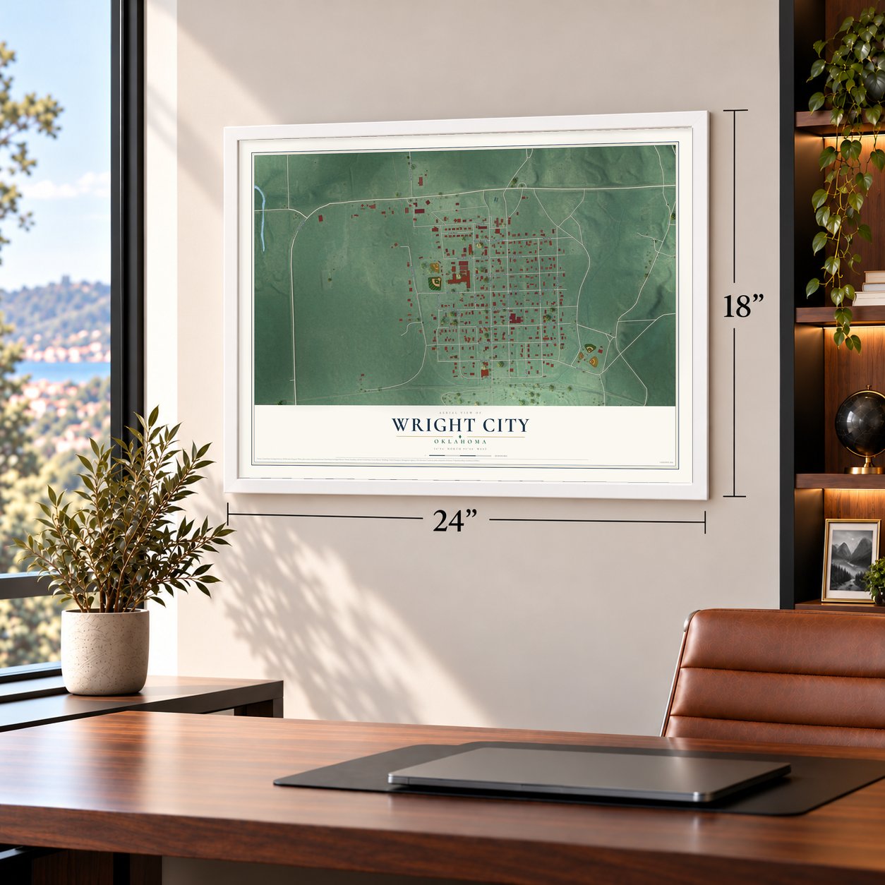 Wright City, Oklahoma map, 18 x 24 inch print in a white frame in a home office