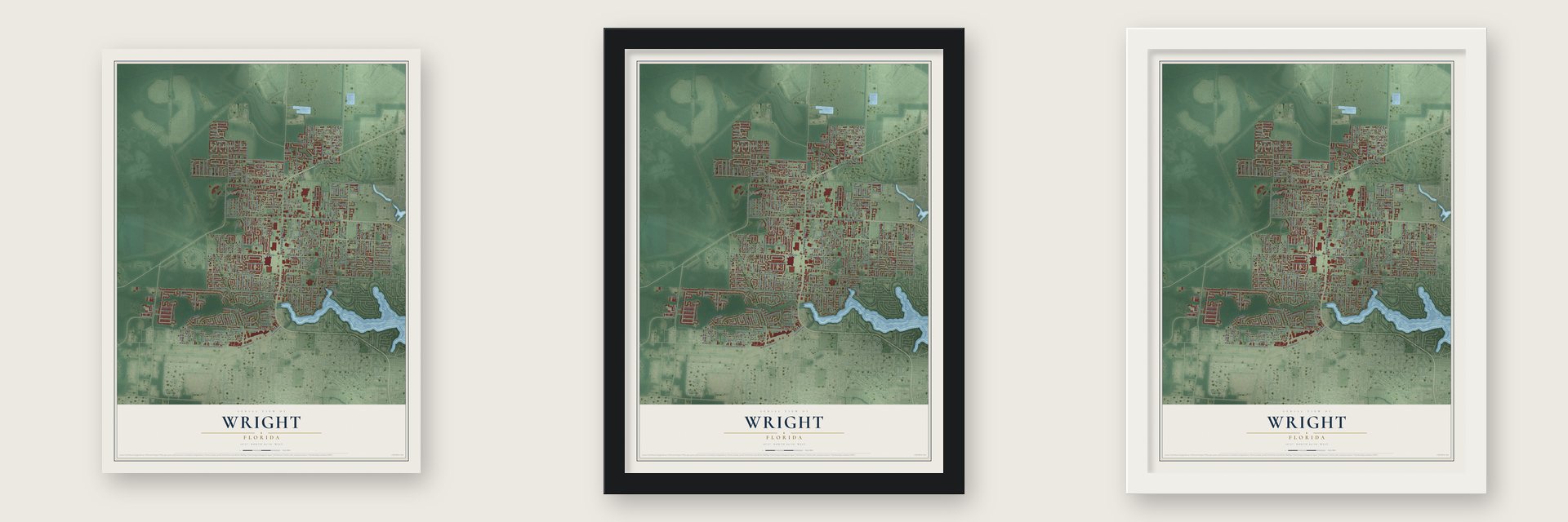 Wright, Florida map unframed, in a black wood frame and in a white wood frame