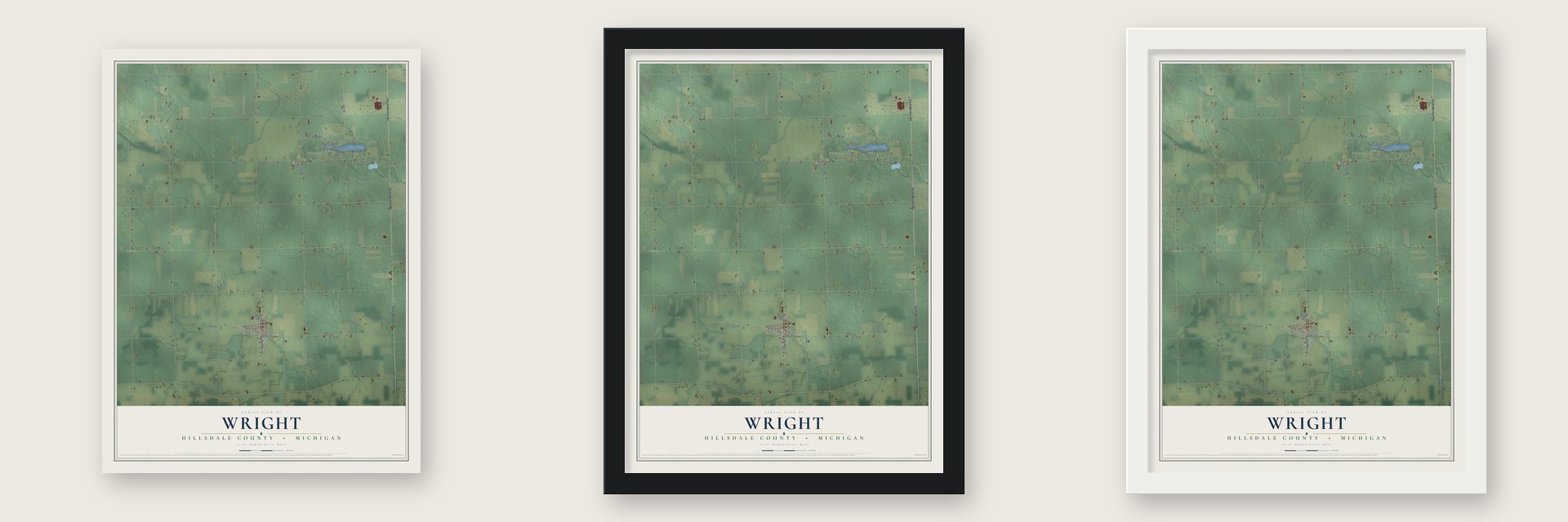 Wright, Hillsdale County, Michigan map unframed, in a black wood frame and in a white wood frame