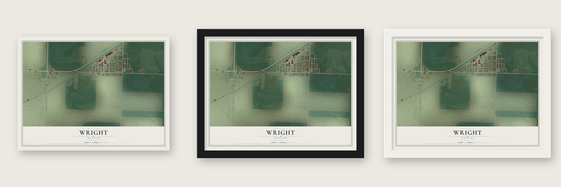 Wright, Kansas map unframed, in a black wood frame and in a white wood frame