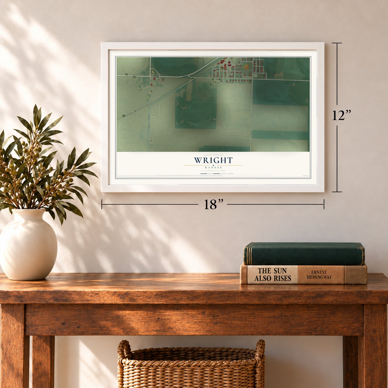 Wright, Kansas map, 12 x 18 inch print in a white frame in an entryway