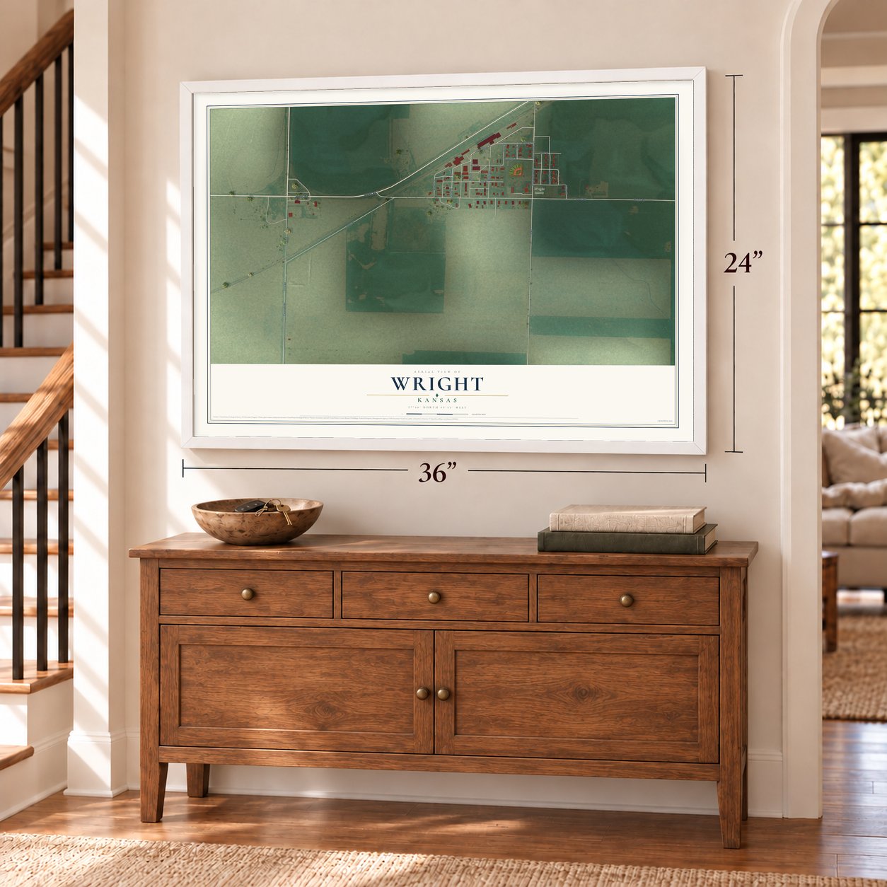 Wright, Kansas map, 24 x 36 inch print in a white frame above a dresser by a staircase