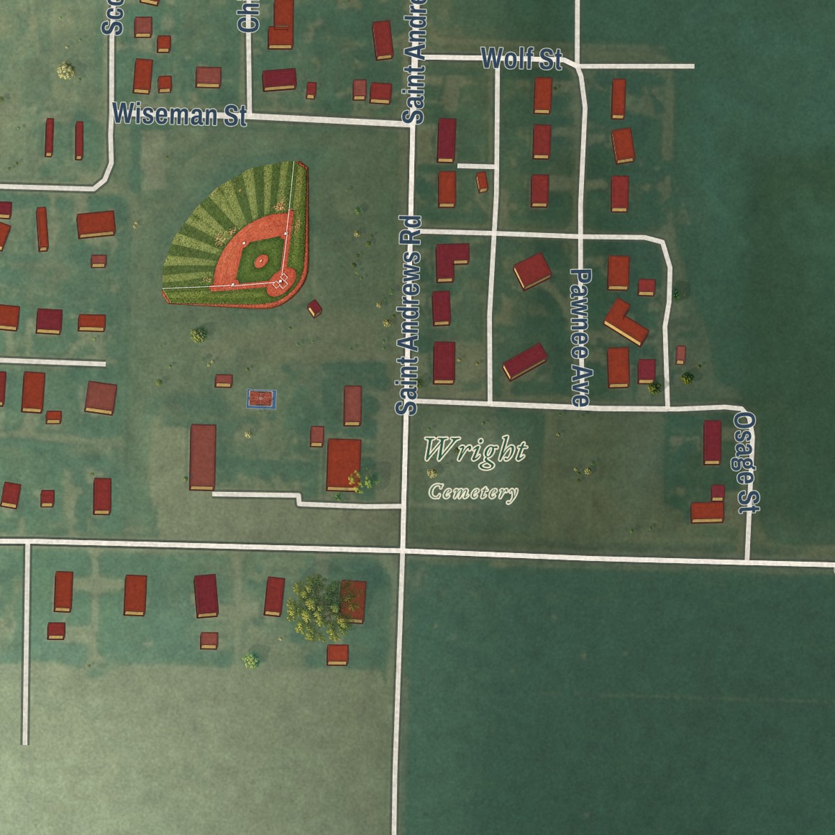 Second close-up of the map of Wright, Kansas print showing more streets and buildings