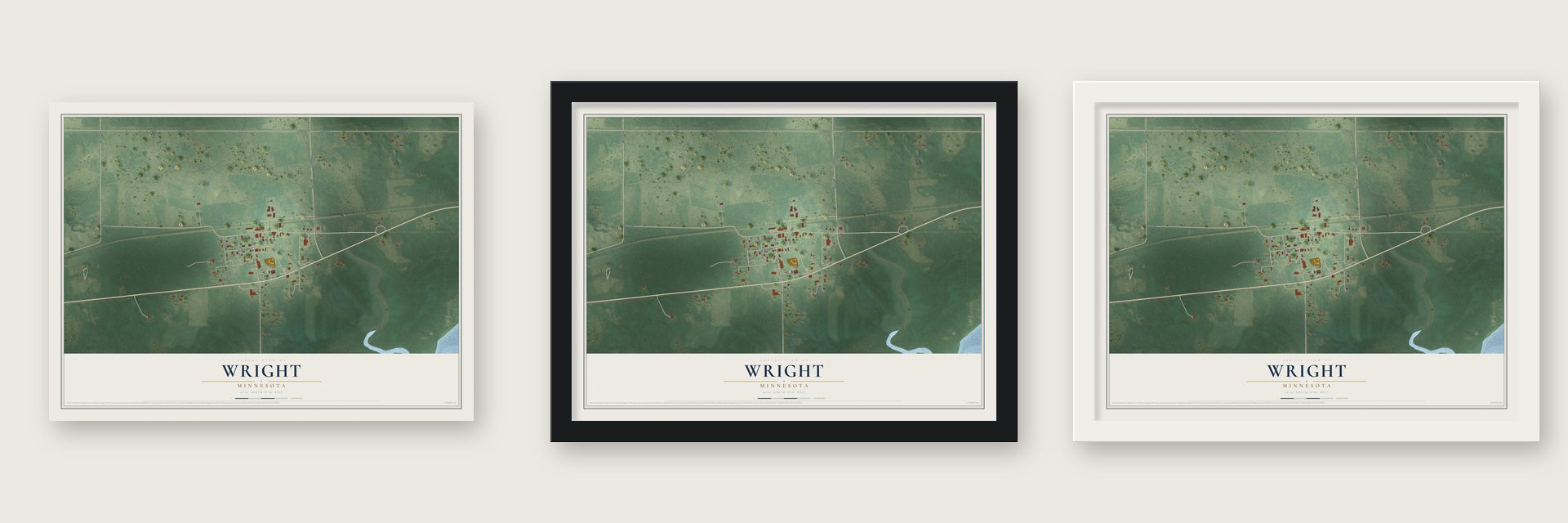 Wright, Minnesota map unframed, in a black wood frame and in a white wood frame