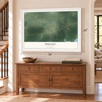 Wright, Minnesota map, 24 x 36 inch print in a white frame above a dresser by a staircase