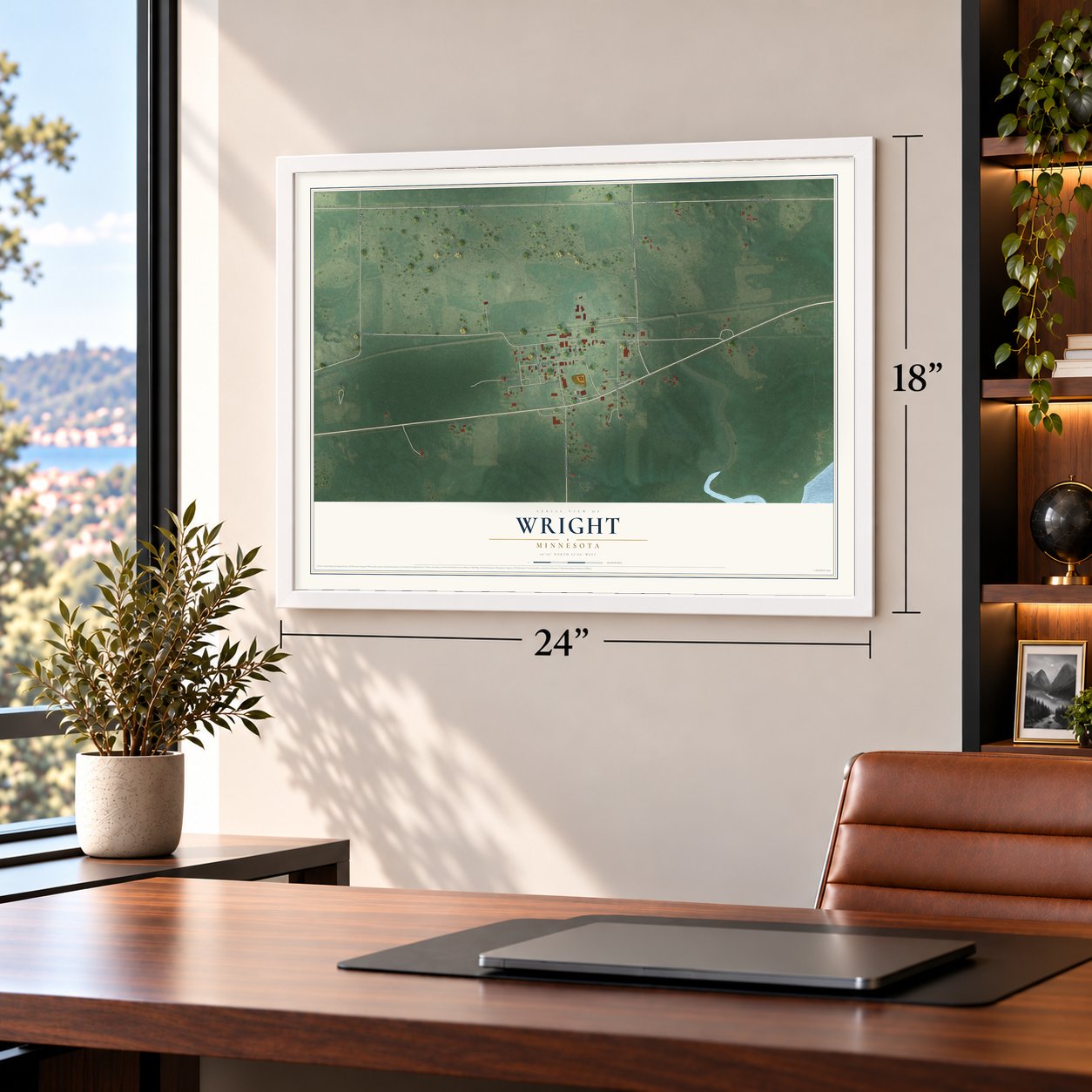 Wright, Minnesota map, 18 x 24 inch print in a white frame in a home office