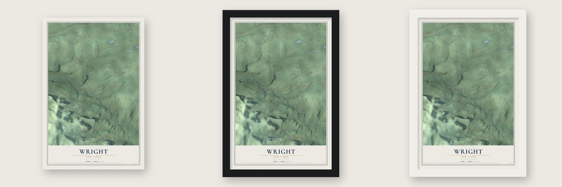 Wright, New York map unframed, in a black wood frame and in a white wood frame