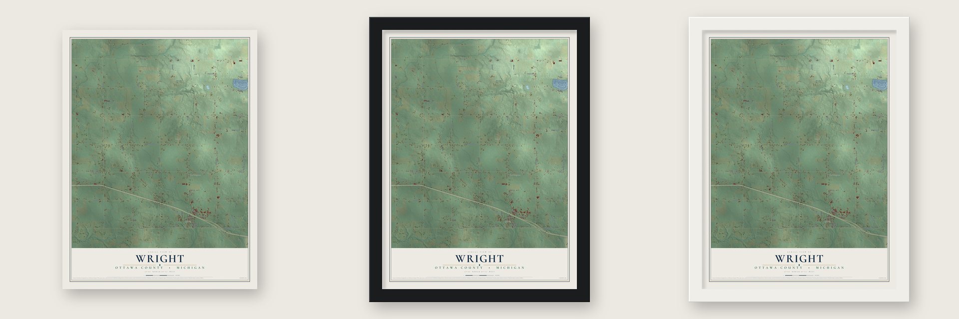 Wright, Ottawa County, Michigan map unframed, in a black wood frame and in a white wood frame