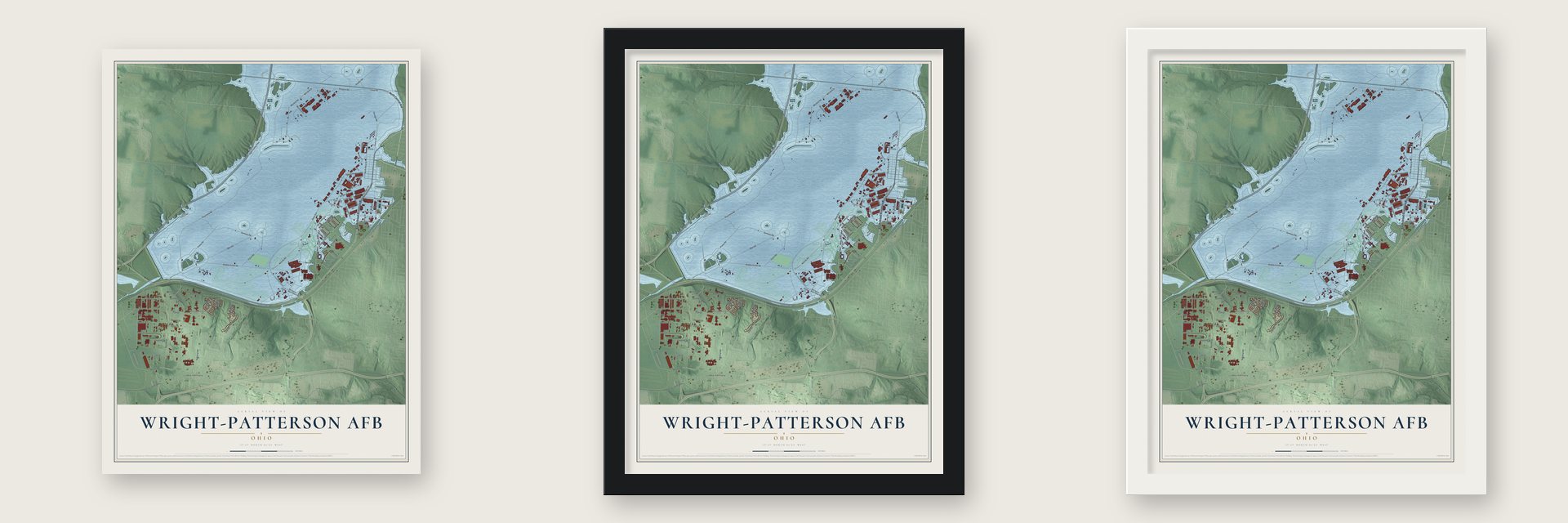 Wright-Patterson AFB, Ohio map unframed, in a black wood frame and in a white wood frame