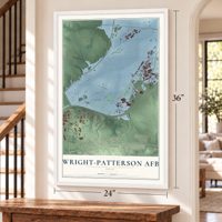 Wright-Patterson AFB, Ohio map, 24 x 36 inch print in a white frame by a staircase