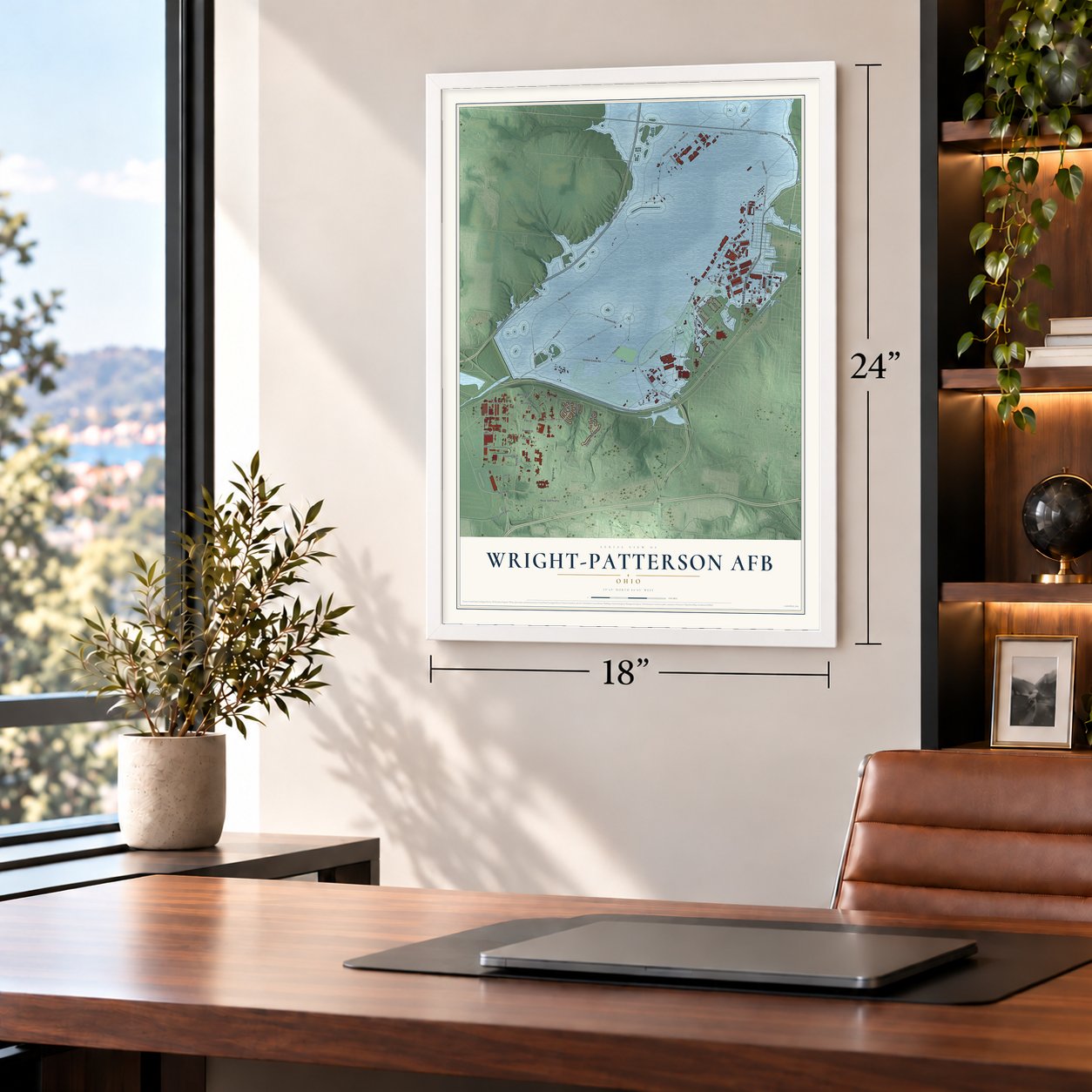 Wright-Patterson AFB, Ohio map, 18 x 24 inch print in a white frame in a home office