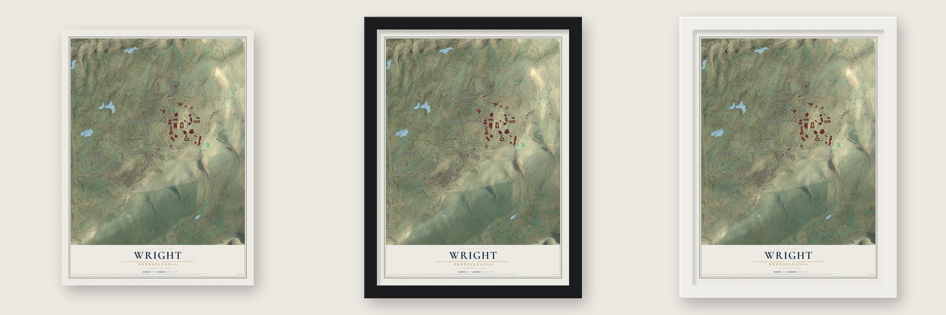 Wright, Pennsylvania map unframed, in a black wood frame and in a white wood frame