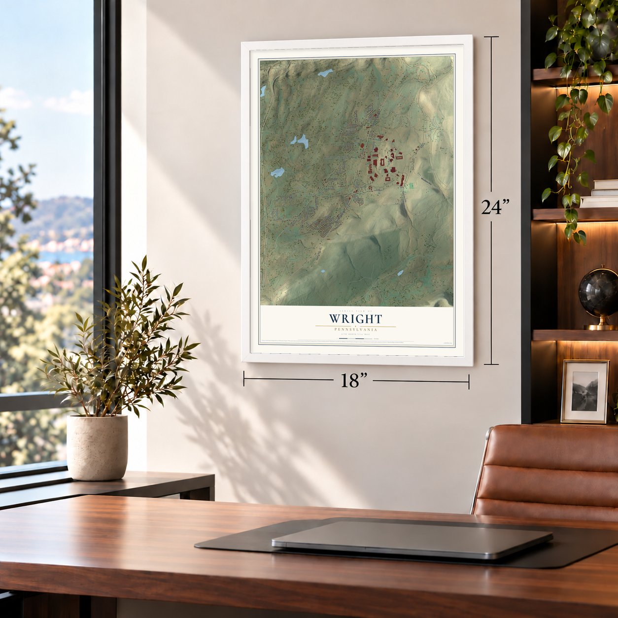 Wright, Pennsylvania map, 18 x 24 inch print in a white frame in a home office