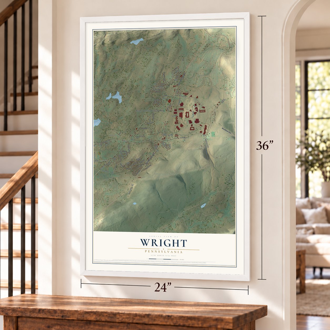 Wright, Pennsylvania map, 24 x 36 inch print in a white frame by a staircase