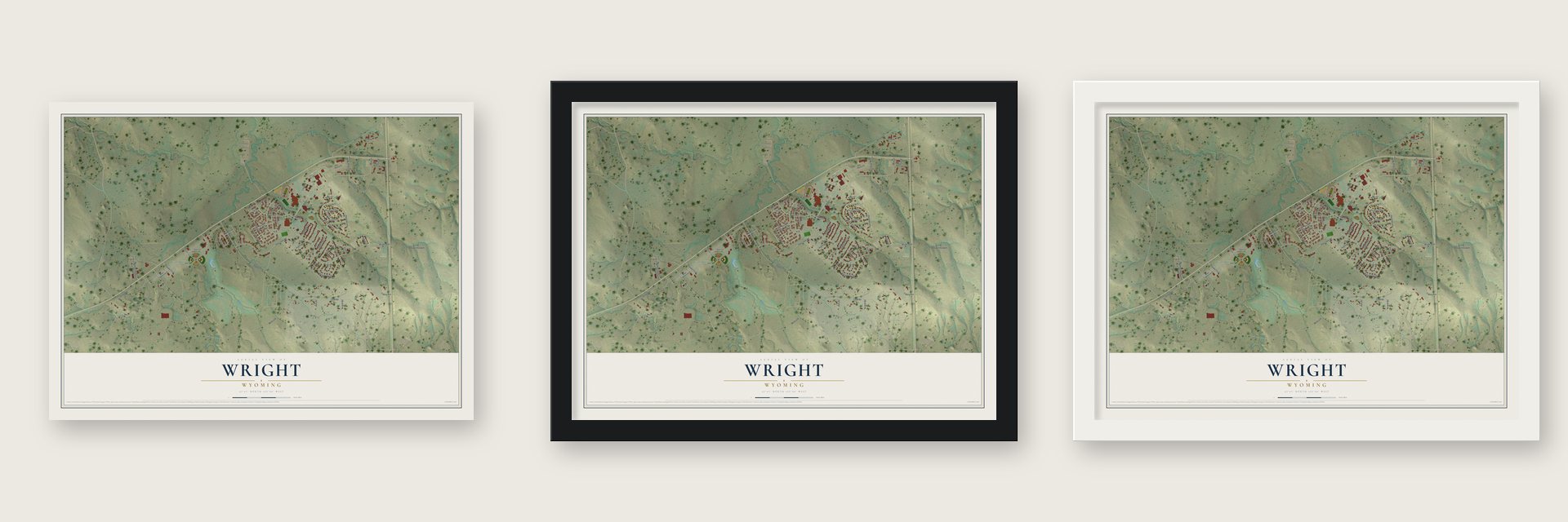 Wright, Wyoming map unframed, in a black wood frame and in a white wood frame