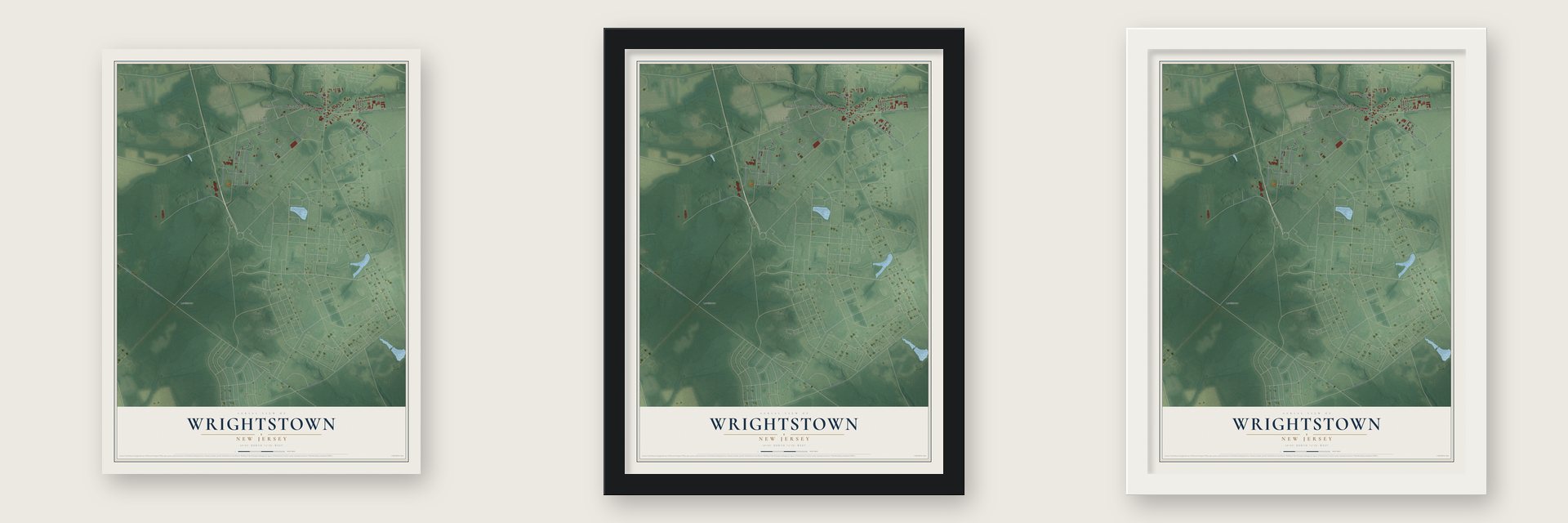Wrightstown, New Jersey map unframed, in a black wood frame and in a white wood frame