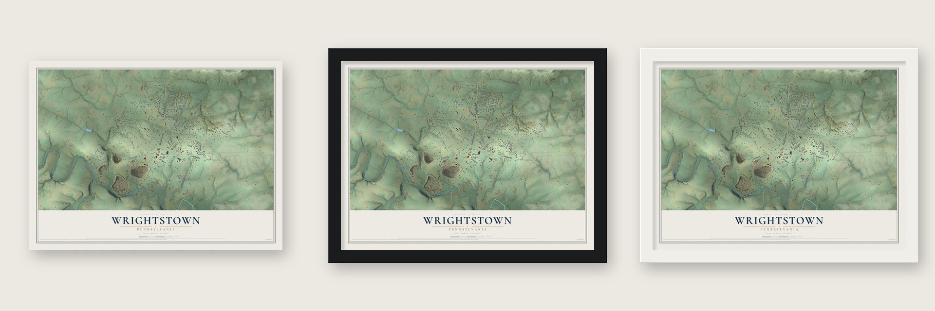 Wrightstown, Pennsylvania map unframed, in a black wood frame and in a white wood frame