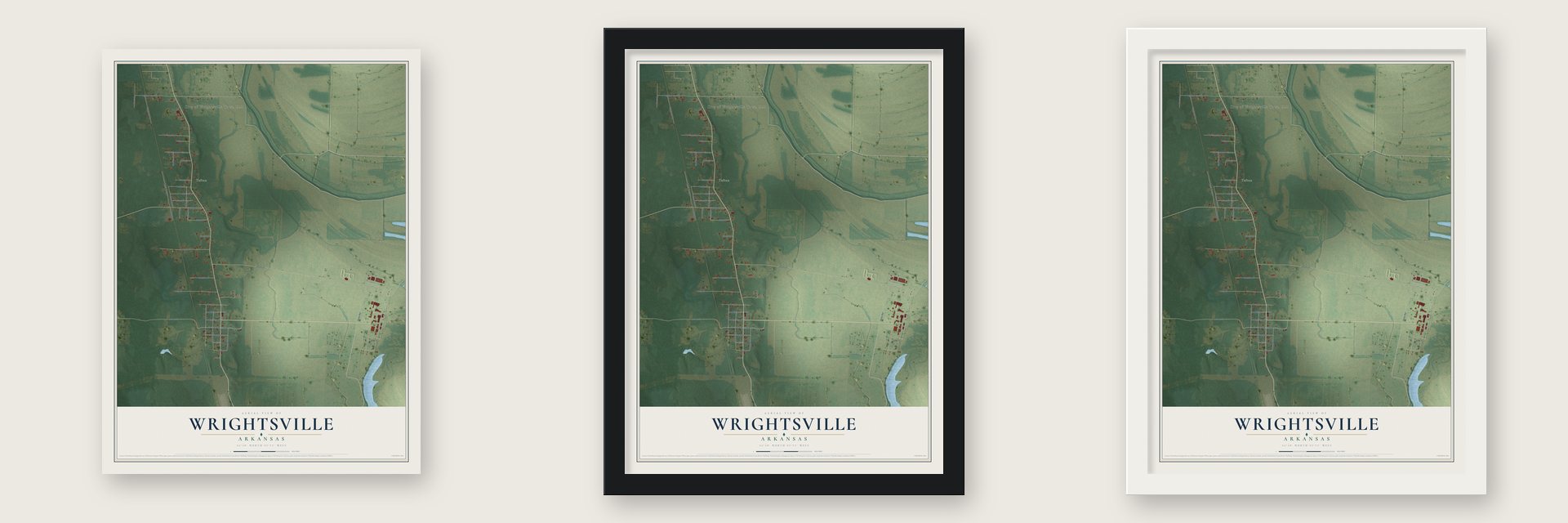 Wrightsville, Arkansas map unframed, in a black wood frame and in a white wood frame
