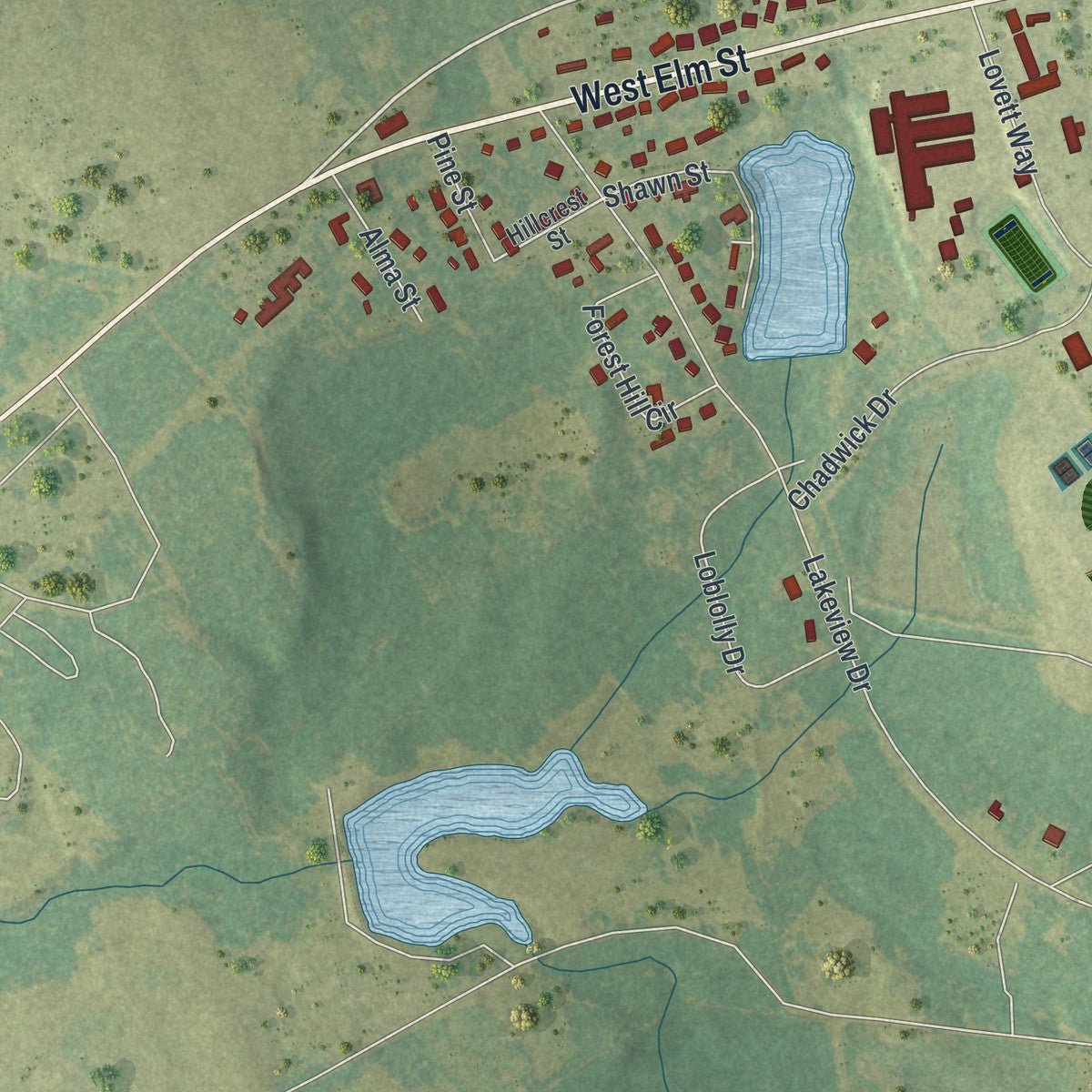 Second close-up of the map of Wrightsville, Georgia print showing more streets and buildings