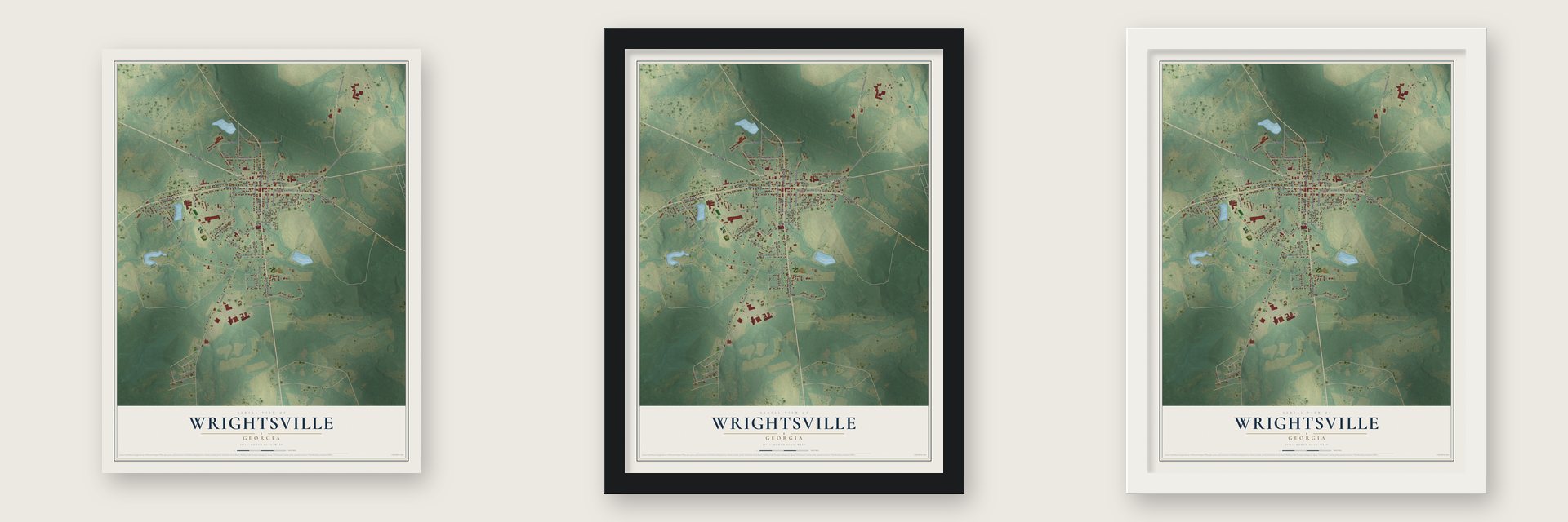 Wrightsville, Georgia map unframed, in a black wood frame and in a white wood frame