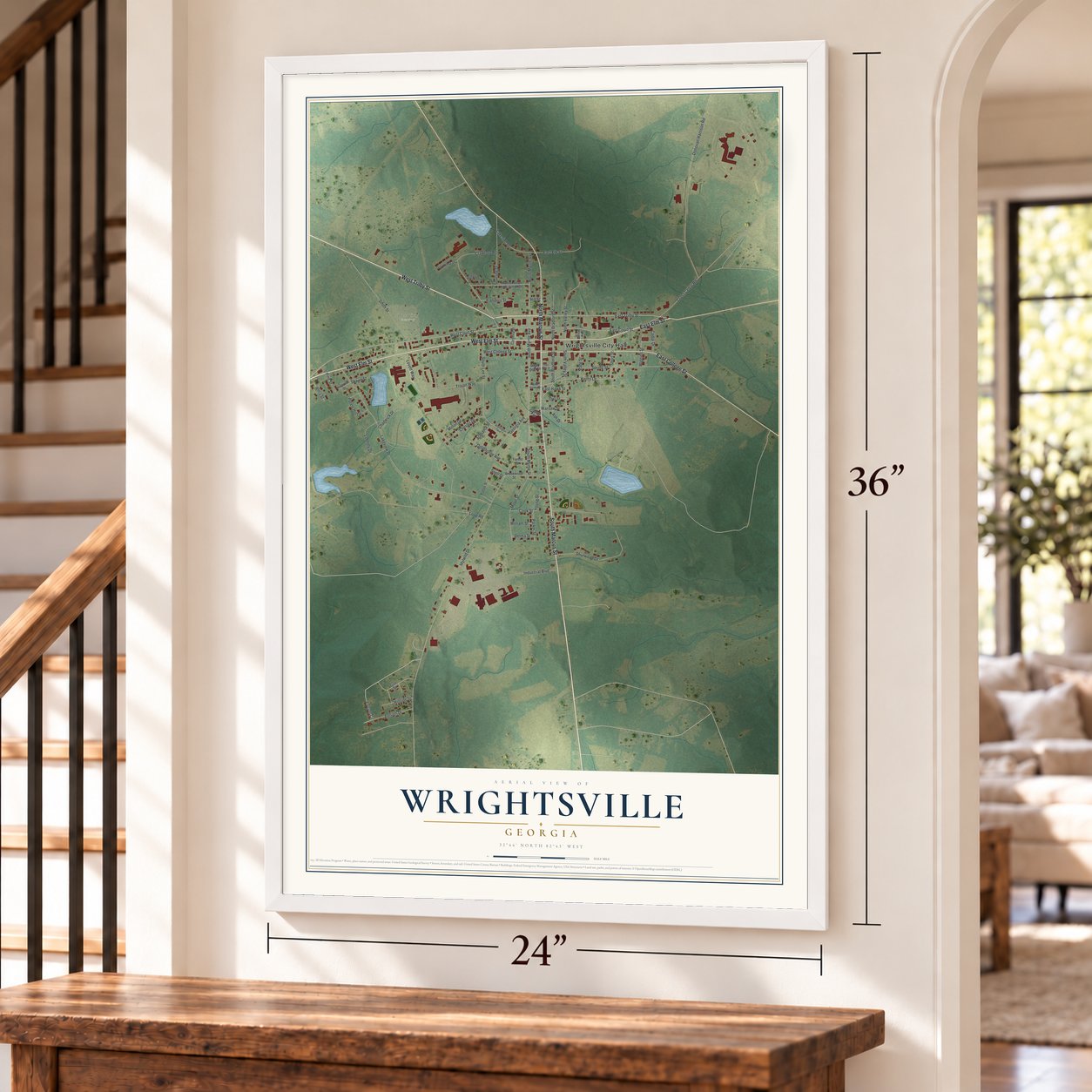 Wrightsville, Georgia map, 24 x 36 inch print in a white frame by a staircase