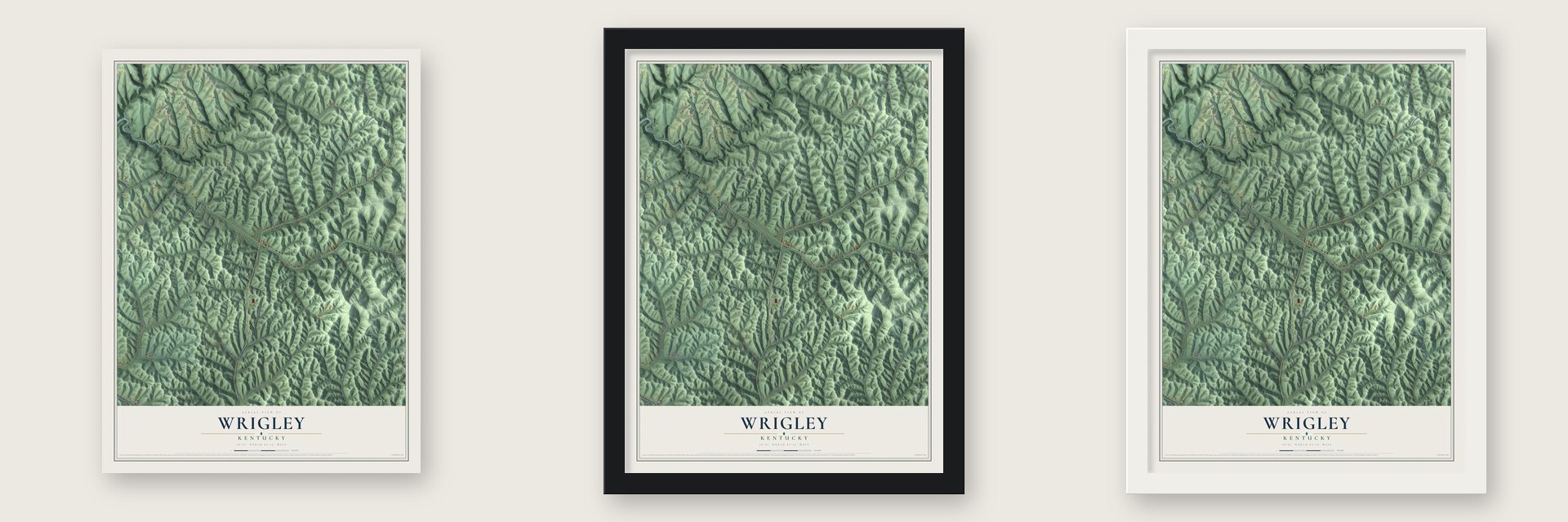 Wrigley, Kentucky map unframed, in a black wood frame and in a white wood frame