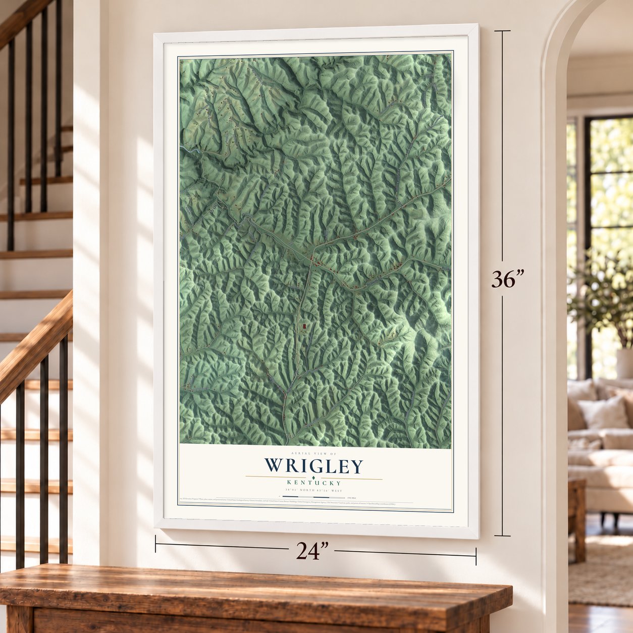 Wrigley, Kentucky map, 24 x 36 inch print in a white frame by a staircase