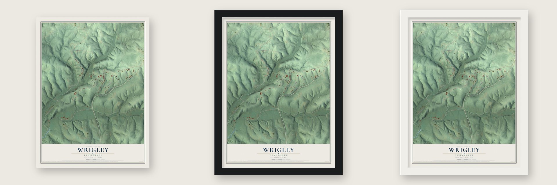 Wrigley, Tennessee map unframed, in a black wood frame and in a white wood frame