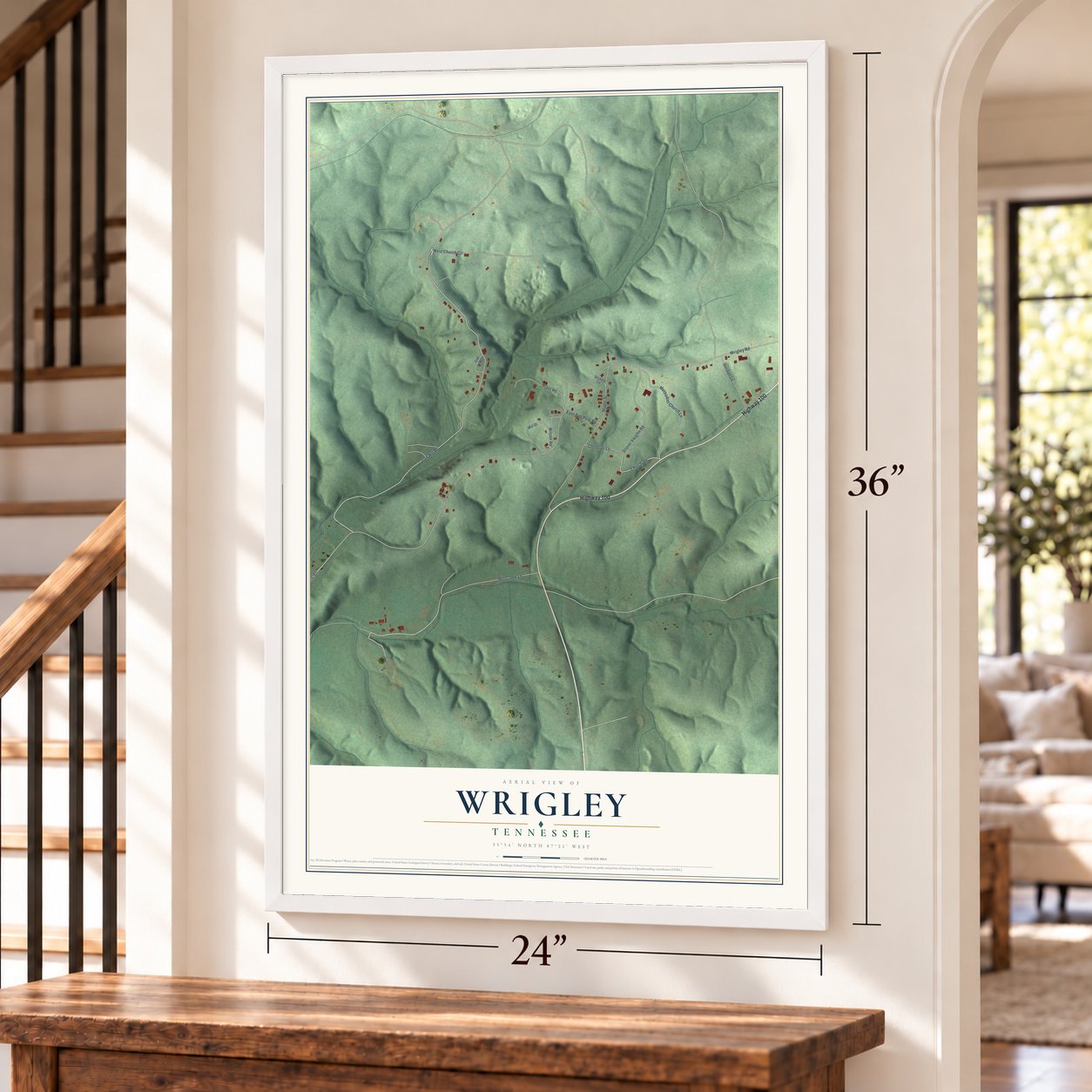 Wrigley, Tennessee map, 24 x 36 inch print in a white frame by a staircase