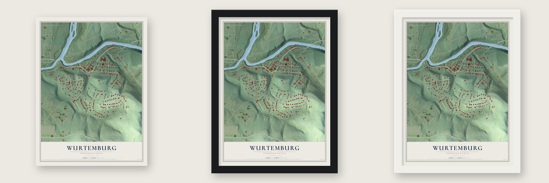 Wurtemburg, Pennsylvania map unframed, in a black wood frame and in a white wood frame