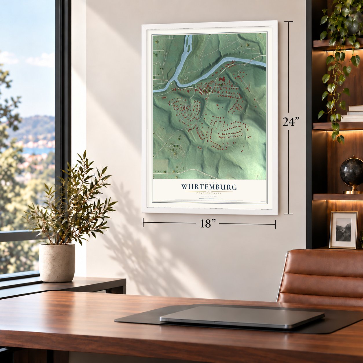 Wurtemburg, Pennsylvania map, 18 x 24 inch print in a white frame in a home office