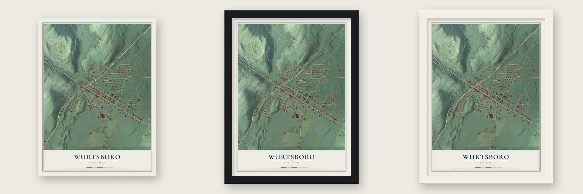 Wurtsboro, New York map unframed, in a black wood frame and in a white wood frame