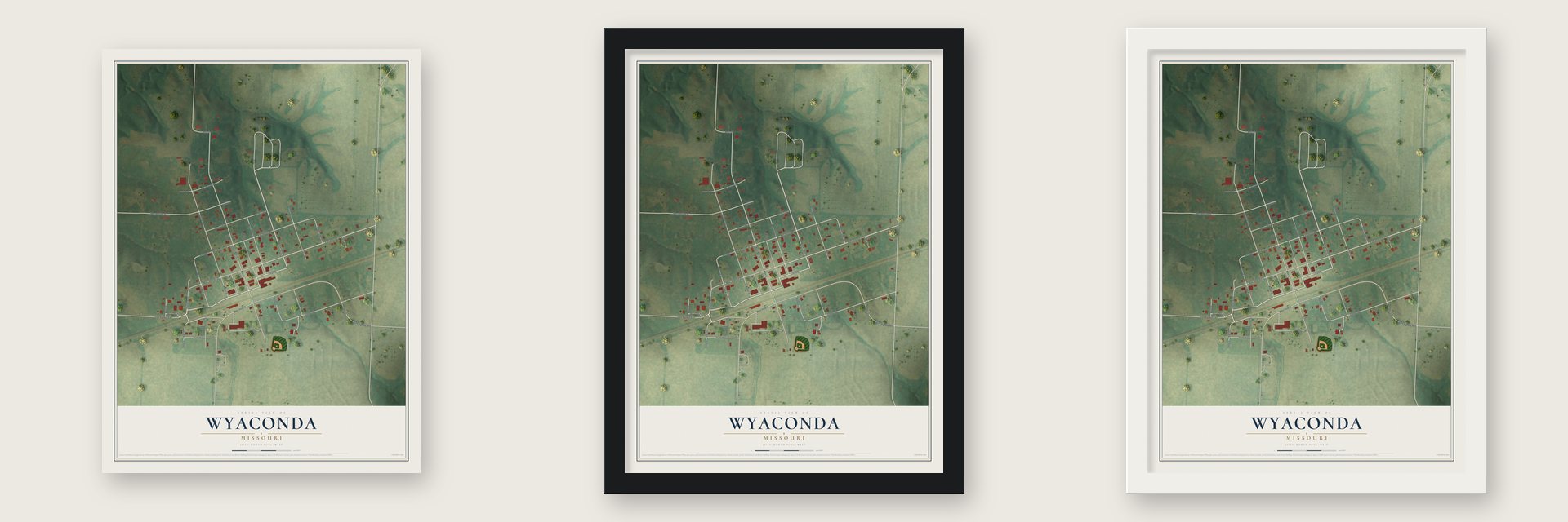 Wyaconda, Missouri map unframed, in a black wood frame and in a white wood frame