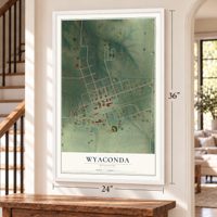 Wyaconda, Missouri map, 24 x 36 inch print in a white frame by a staircase