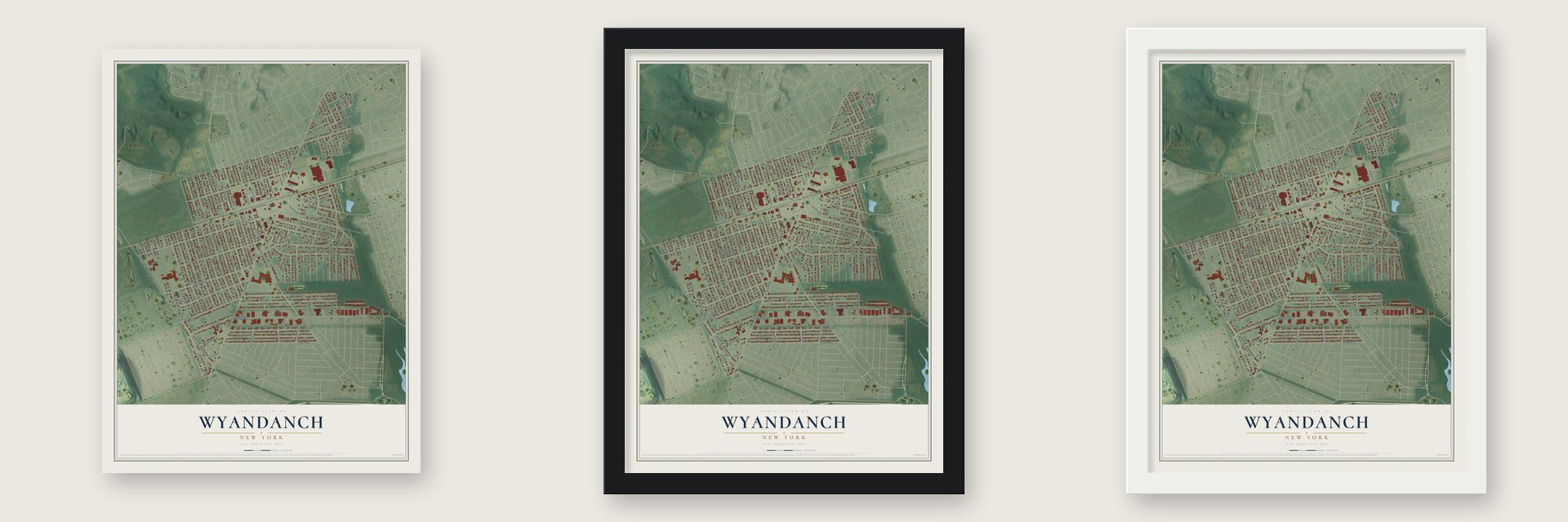 Wyandanch, New York map unframed, in a black wood frame and in a white wood frame
