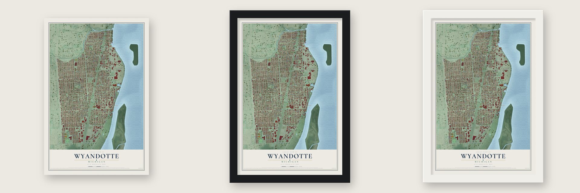 Wyandotte, Michigan map unframed, in a black wood frame and in a white wood frame
